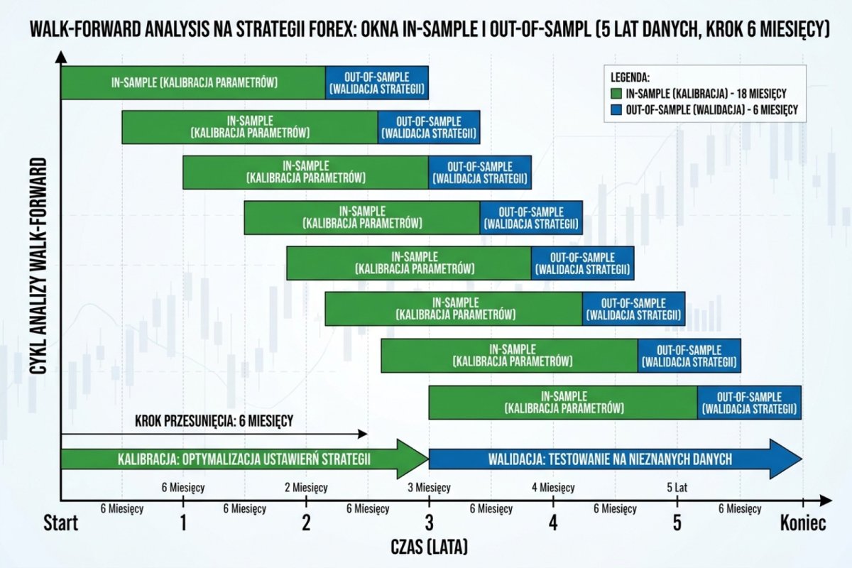 Walk-forward analysis na strategii Forex — okno in-sample do kalibracji parametrów i out-of-sample do walidacji, przesuwane krokiem 6 miesięcy przez 5 lat danych