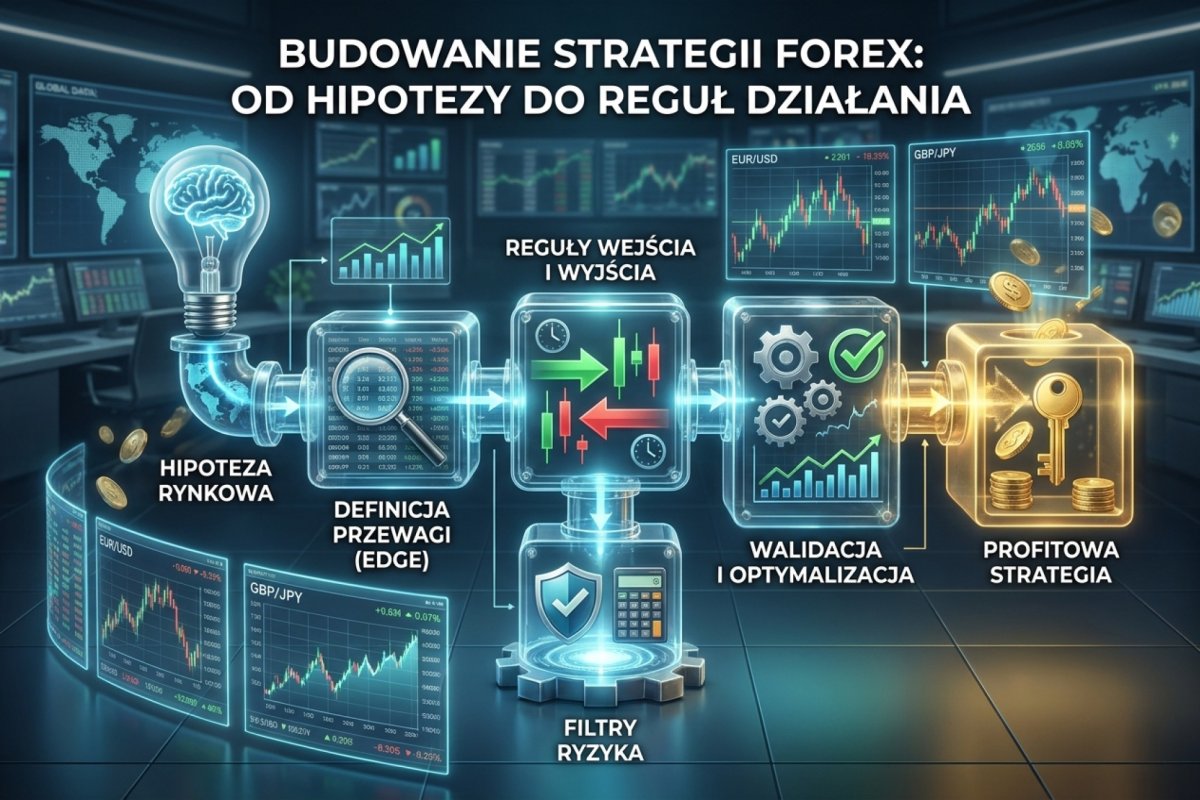 Budowanie strategii Forex od hipotezy do reguł działania — schemat z hipotezą rynkową, definicją edge, regułami wejścia i wyjścia, filtrami ryzyka i walidacją