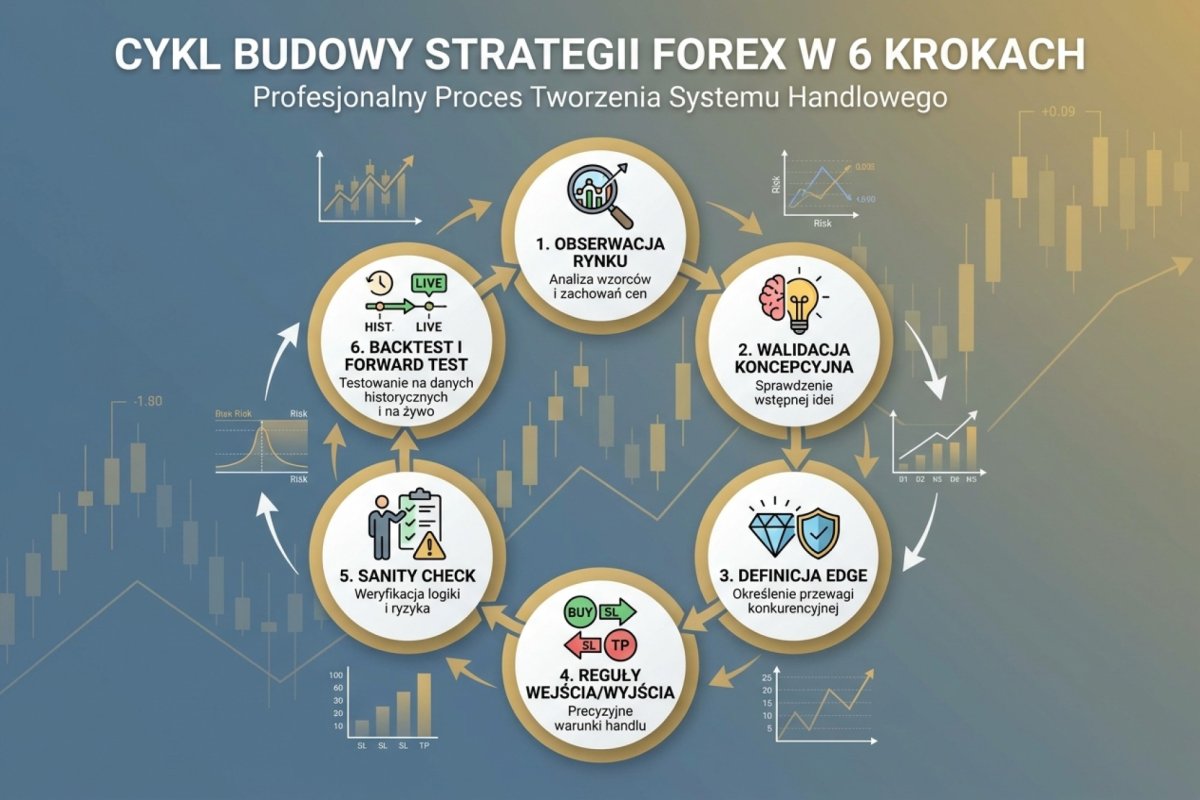Cykl budowy strategii Forex w 6 krokach — od obserwacji rynku, przez walidację koncepcyjną, definicję edge, reguły wejścia/wyjścia, sanity check, do backtestu i forward testu