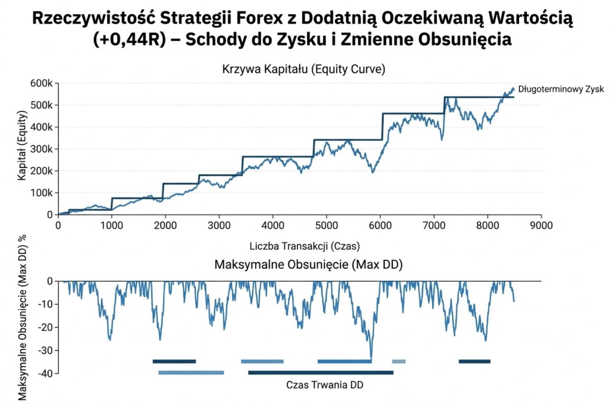 Equity curve strategii z dodatnią expectancy +0,44R nałożoną na wykres maksymalnego drawdown — linia kapitału ze schodkami zysków i obsunięciami, pod spodem oś max DD i czas trwania DD. Wizualizacja, że dodatnia expectancy nie oznacza gładkiej krzywej, tylko schodki ze zmiennymi obsunięciami w drodze do długoterminowego zysku