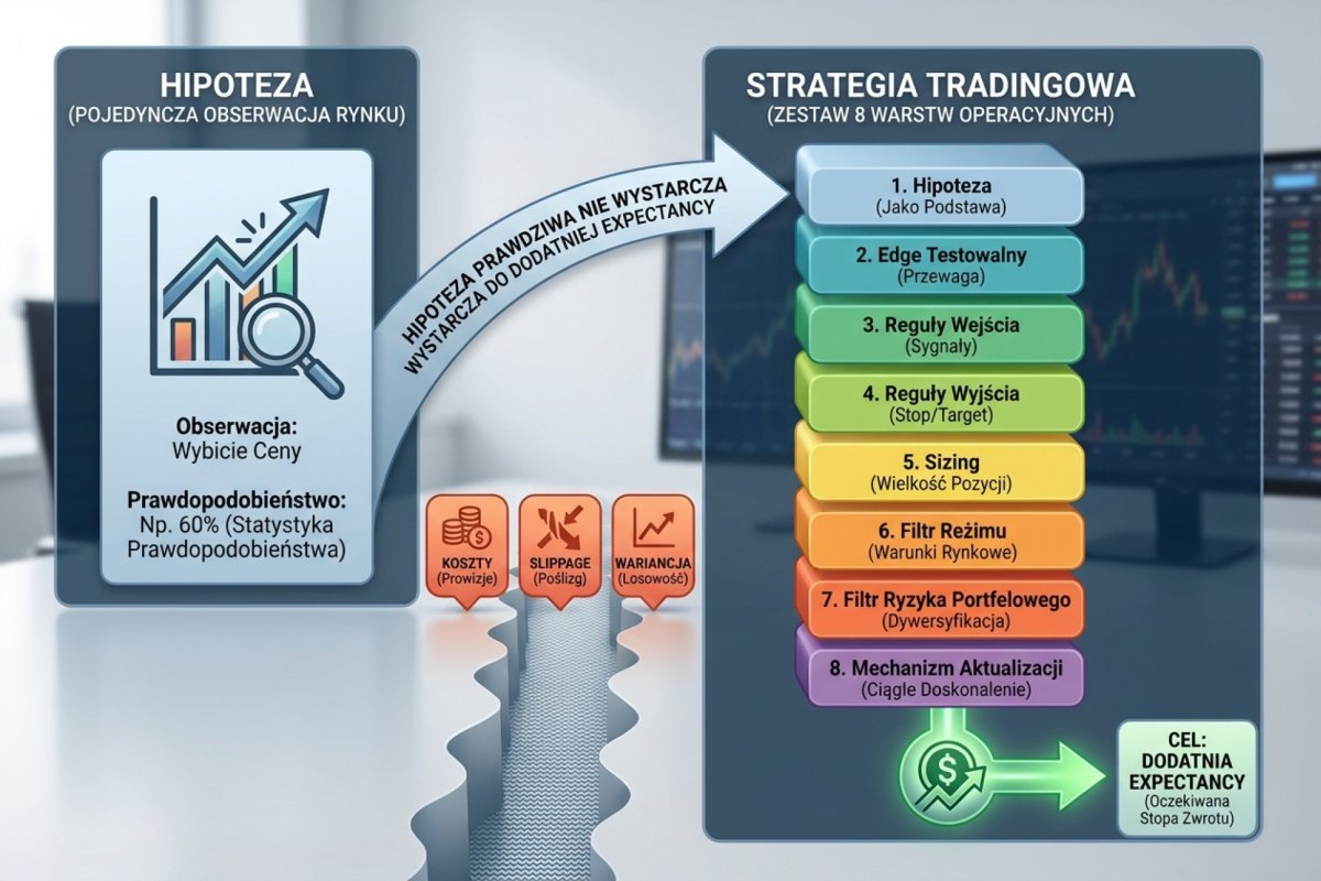 Diagram porównujący hipotezę i strategię tradingową — po lewej hipoteza jako pojedyncza obserwacja rynku ze statystyką prawdopodobieństwa, po prawej strategia jako zestaw 8 warstw operacyjnych: hipoteza, edge testowalny, reguły wejścia, reguły wyjścia, sizing, filtr reżimu, filtr ryzyka portfelowego i mechanizm aktualizacji. Strzałka między nimi pokazuje, że hipoteza prawdziwa nie wystarcza do dodatniej expectancy — pomiędzy wchodzą koszty, slippage i wariancja