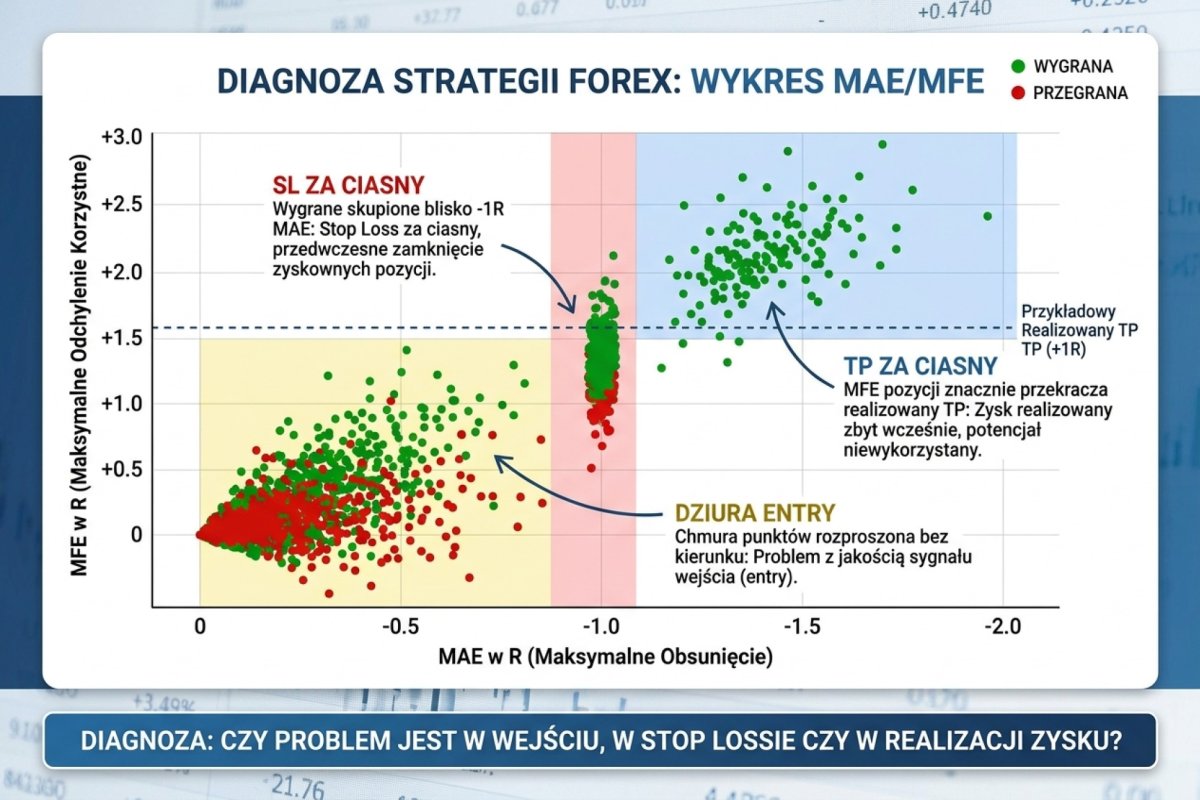 Wykres rozrzutu: na osi poziomej maksymalne odchylenie niekorzystne w trakcie transakcji (MAE) wyrażone w R, na osi pionowej maksymalne odchylenie korzystne (MFE), także w R; jeden punkt to jedna zamknięta transakcja jednego setupu. Układ chmury punktów pokazuje, czy poprawka dotyczy wejścia, stopa czy realizacji zysku. Dane syntetyczne, ilustracja formatu, nie wynik historyczny