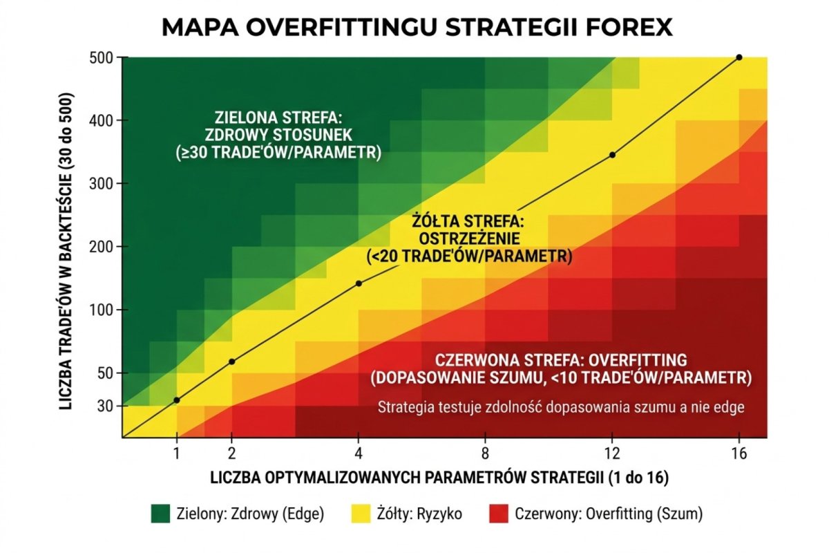 Overfitting map dla strategii Forex — oś X liczba optymalizowanych parametrów strategii (1 do 16), oś Y liczba trade ów w backteście (30 do 500). Mapa cieplna ze strefami: zielona strefa zdrowego stosunku co najmniej 30 trade ów na parametr, żółta strefa ostrzegawcza poniżej 20 trade ów na parametr, czerwona strefa overfittingu poniżej 10 trade ów na parametr gdzie strategia testuje zdolność dopasowania szumu a nie edge