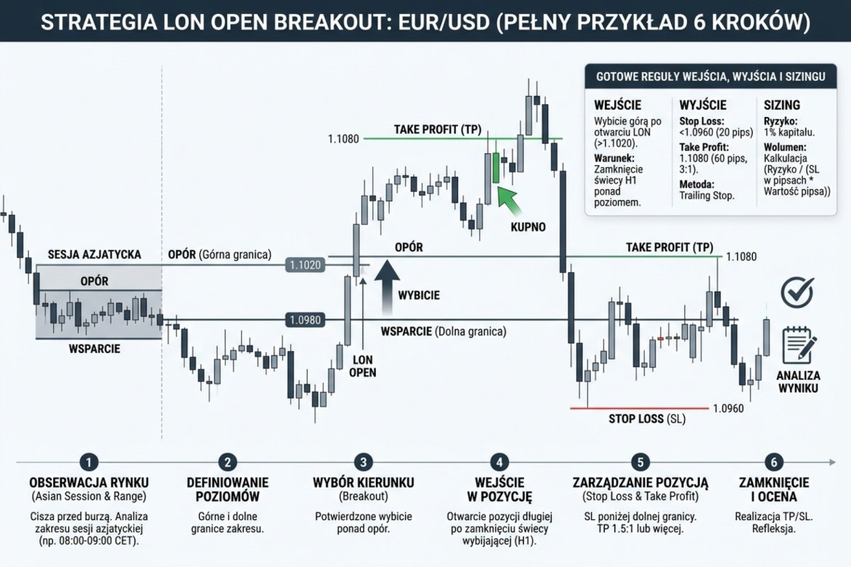 Pełny przykład strategii LON Open Breakout na EUR/USD — 6 kroków od obserwacji rynku do gotowych reguł wejścia, wyjścia i sizingu