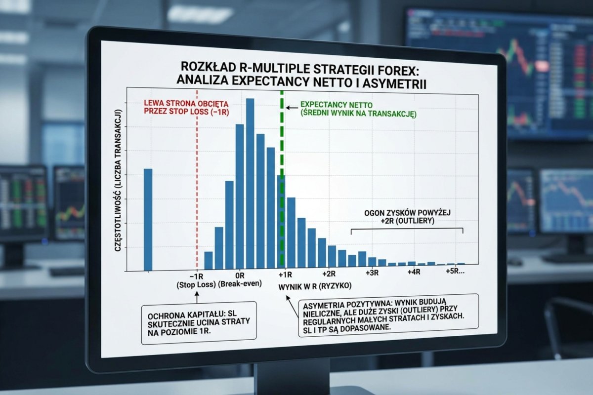 Histogram rozkładu R-multiple strategii z pionową linią expectancy — słupki liczby transakcji w przedziałach R. Lewa strona skupiona przy −1R, gdzie działa Stop Loss, z pojedynczymi słupkami poniżej −1R: stop nie ogranicza straty bezwarunkowo, luka i poślizg wyprowadzają wynik poza −1R. Prawa strona z ogonem zysków powyżej +2R. Rozkład ilustracyjny, dane syntetyczne. Asymetria pokazuje, czy wynik robią regularne małe zyski, czy kilka outlierów, oraz czy SL i TP są dopasowane do faktycznego profilu transakcji