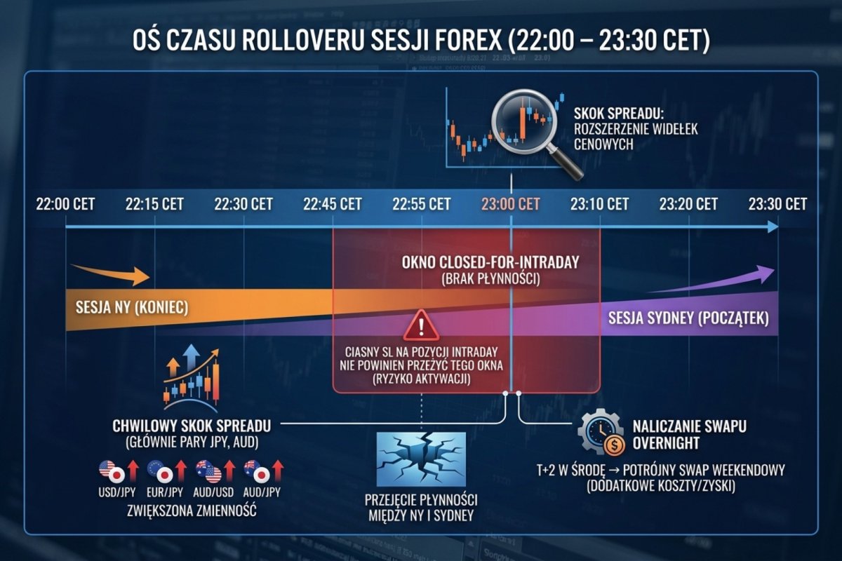 Oś czasu rolloveru sesji od 22:00 do 23:30 czasu polskiego — moment przejęcia płynności między NY i Sydney, chwilowy spike spreadu na parach z JPY i AUD około 23:00 czasu polskiego, naliczanie swapu overnight (T+2 w środę → potrójny swap weekendowy), okno closed-for-intraday 22:55 do 23:10. Wizualizacja, dlaczego ciasny SL na pozycji intraday nie powinien przeżyć tego okna