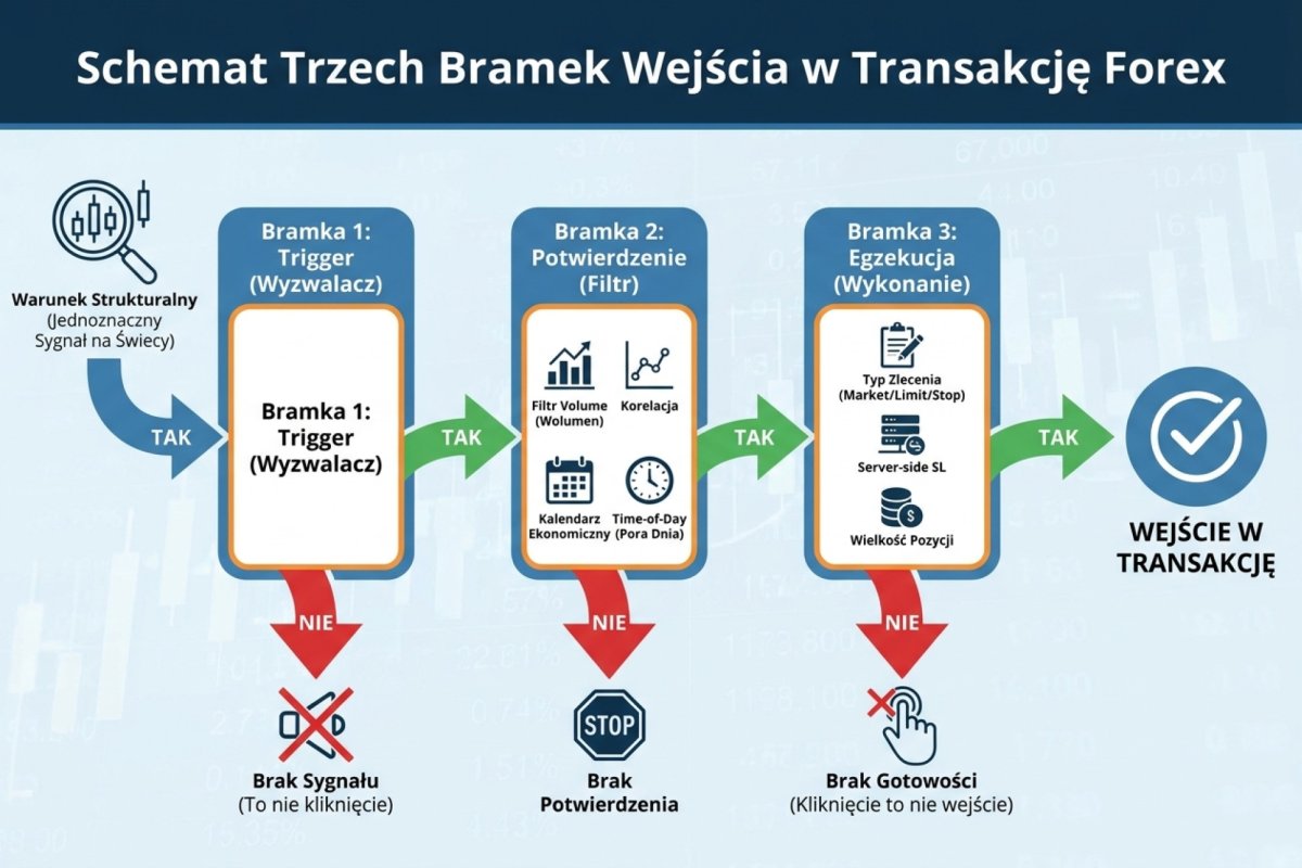 Schemat trzech osobnych bramek wejścia w transakcję — Trigger (warunek strukturalny, jednoznaczny sygnał na świecy), Confirmation (filtr volume, korelacji, kalendarza, time-of-day), Execution (typ zlecenia market/limit/stop, server-side SL, wielkość pozycji). Strzałki przechodzą tylko jeśli każda bramka odpowiada TAK. Wizualizacja, że trigger to nie kliknięcie i kliknięcie to nie wejście