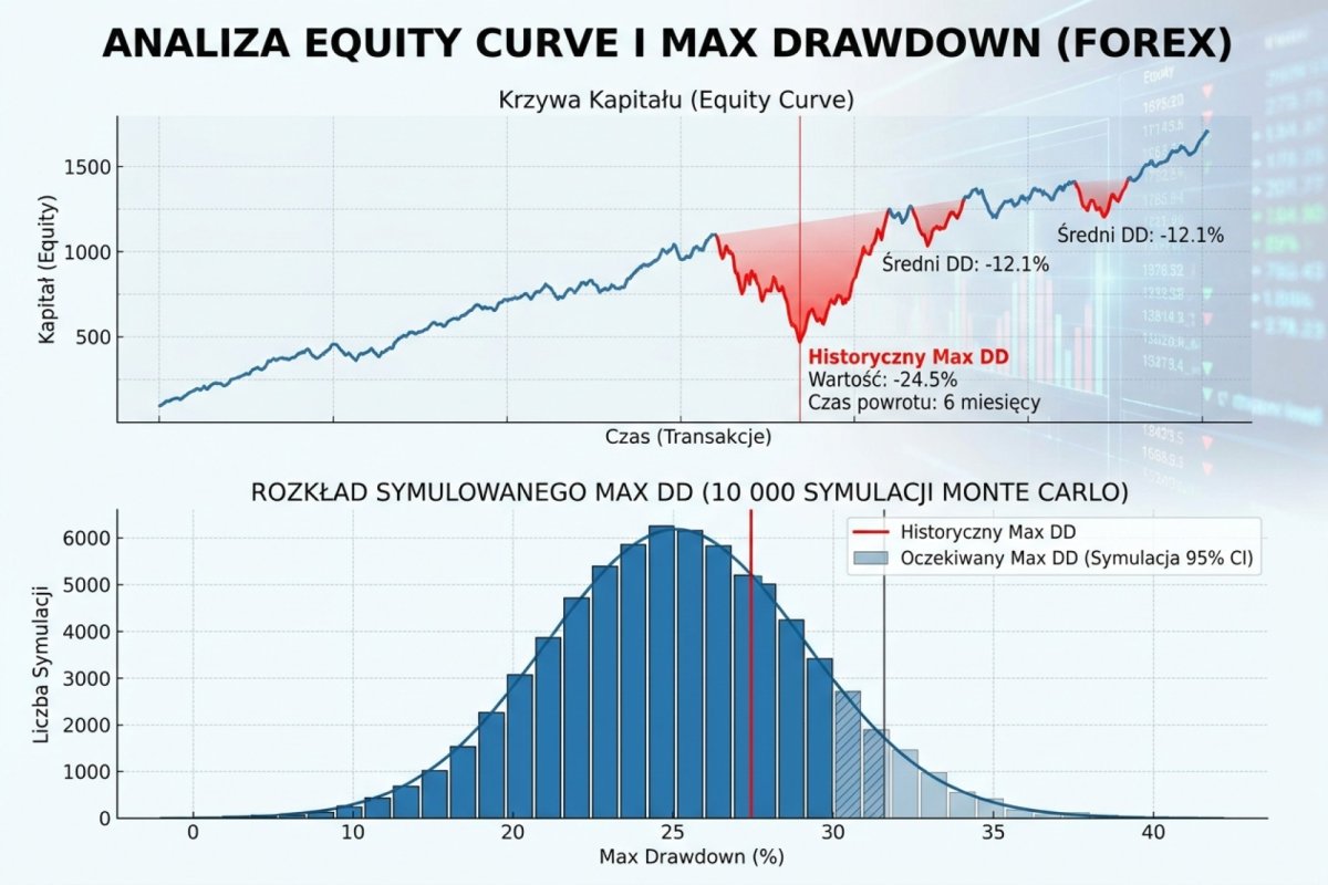 Equity curve z zaznaczonymi drawdownami — historyczny max DD, average DD i czas powrotu; rozkład symulowanego max DD z Monte Carlo bootstrapem 10 000 sekwencji