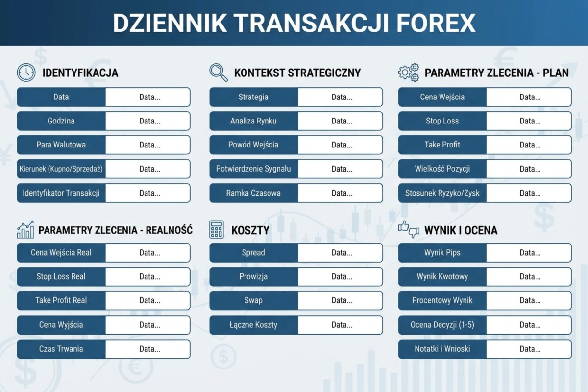 Szablon dziennika transakcji Forex z 29 polami — identyfikacja, kontekst strategiczny, parametry zlecenia plan vs realność, koszty, wynik, ocena jakości decyzji