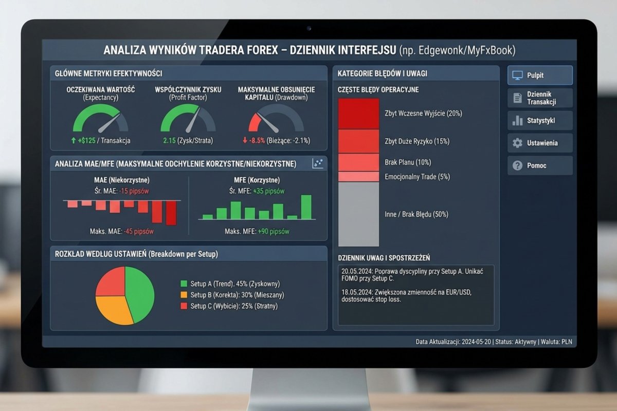 Przykładowy interfejs dziennika tradera Forex Edgewonk lub MyFxBook z metrykami expectancy, profit factor, drawdown, MAE/MFE, breakdown per setup i kategorie błędów