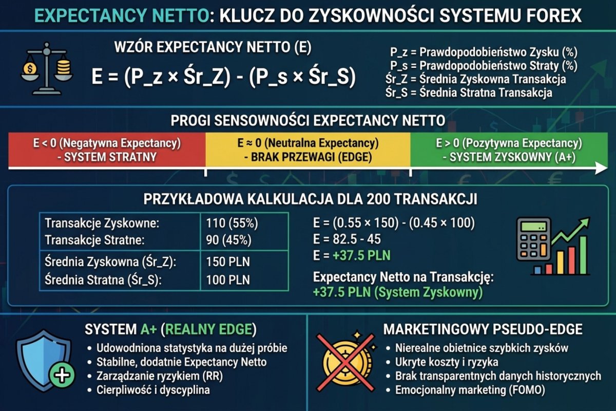 Expectancy netto — wzór, progi sensowności i przykładowa kalkulacja dla 200 transakcji; jak odróżnić system A+ od marketingowego pseudo-edge