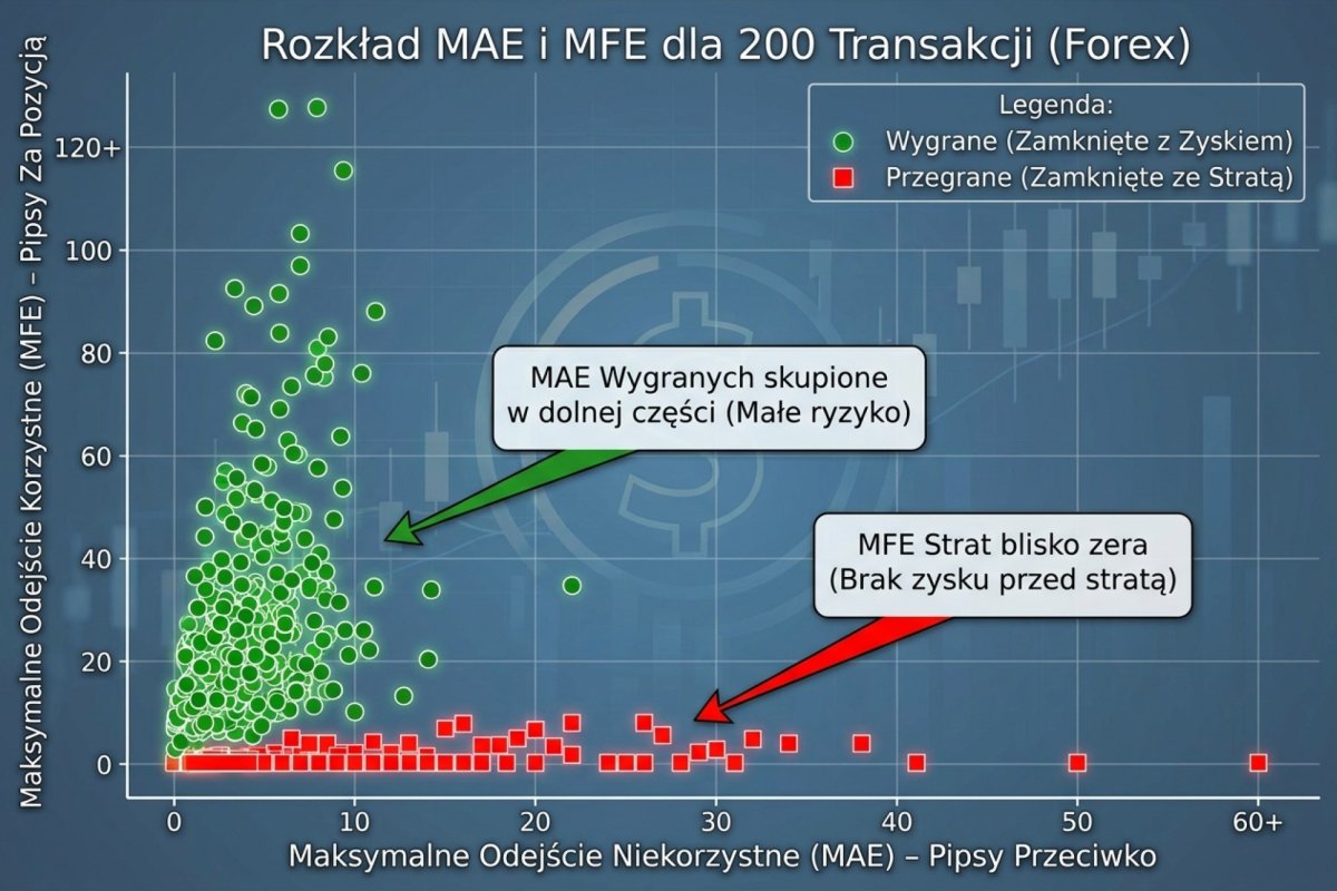Rozkład MAE i MFE dla 200 transakcji — wykres punktowy pokazujący jak daleko cena szła przeciwko i za pozycją zanim się zamknęła. MAE wygranych skupione w dolnej części, MFE strat blisko zera