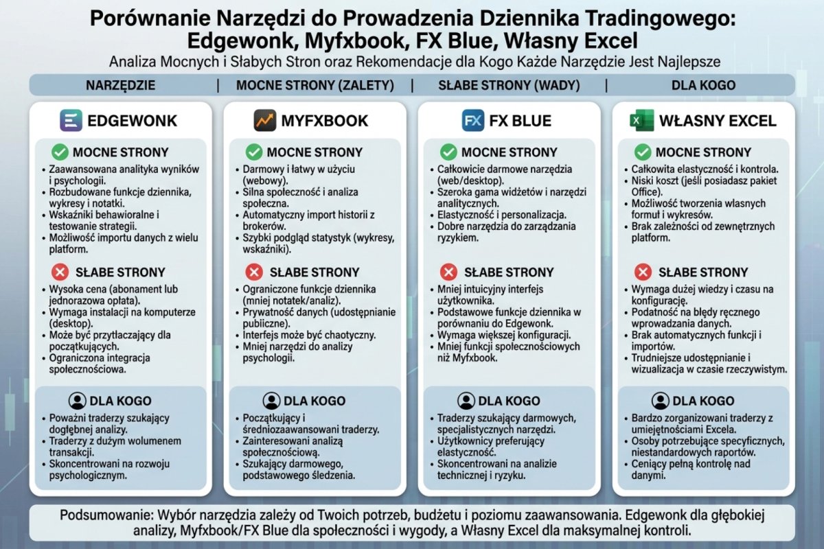 Porównanie narzędzi do prowadzenia dziennika tradingowego — Edgewonk, Myfxbook, FX Blue, własny Excel; mocne i słabe strony, dla kogo