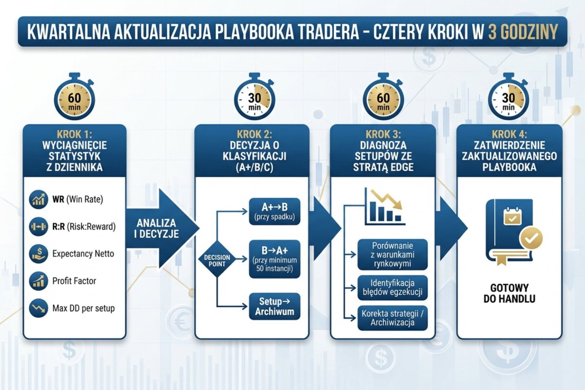 Schemat kwartalnego przeglądu playbooka tradera — cztery kroki. Krok 1: zebranie liczb osobno dla każdej wersji karty z dziennika. Krok 2: decyzja o klasie według kryteriów z audytu strategii, z bramką wiarygodności danych i wykonania. Krok 3: wdrożenie nowej wersji karty i archiwizacja poprzedniej z wpisem do rejestru zmian. Krok 4: wpis do cmentarzyska dla setupów wyłączonych. Schemat procedury, bez danych liczbowych