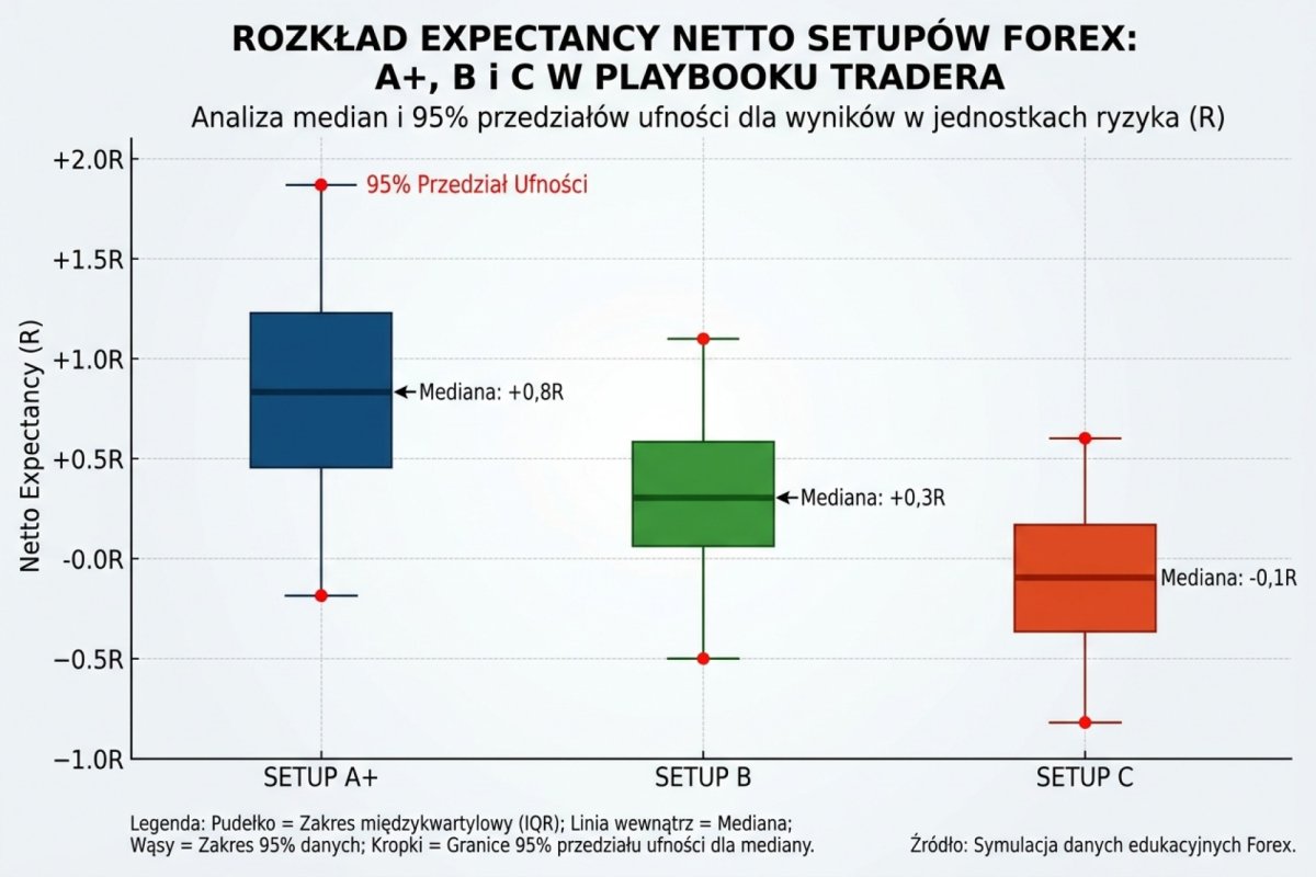 Rozkład wyników netto setupów A+, B i C w playbooku tradera — wykres pudełkowy z medianą i rozstępem międzykwartylowym dla każdej klasy. Dane syntetyczne, ilustracja formatu zapisu, nie wynik historyczny