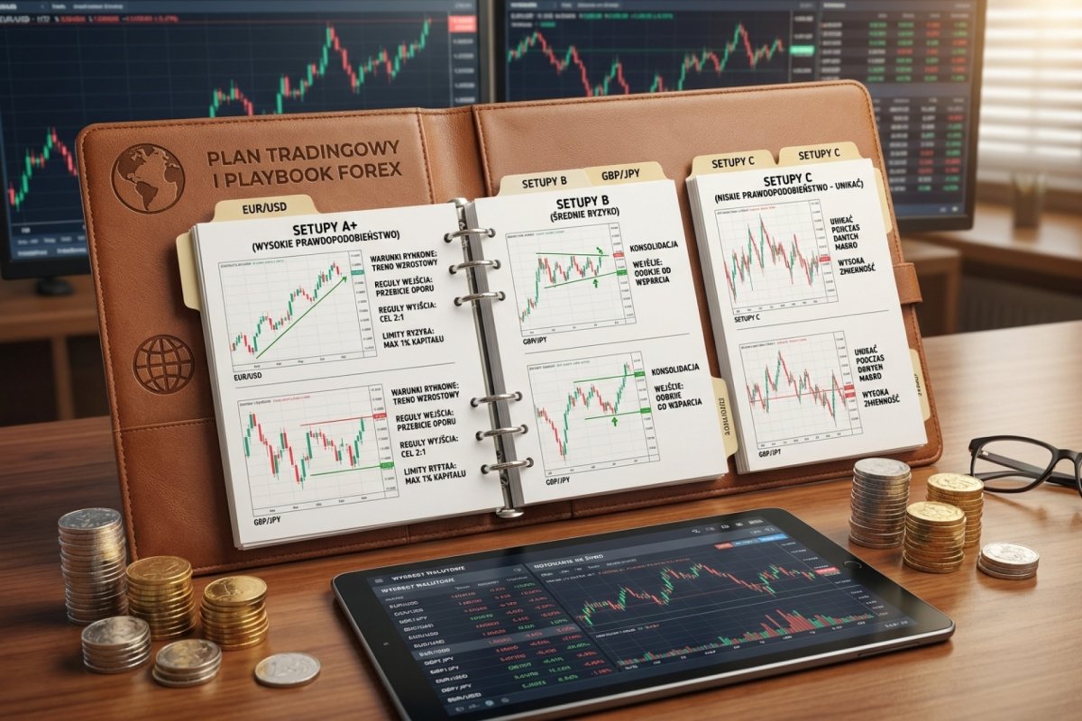 Plan tradingowy i playbook tradera Forex — segregator z opisami setupów A+, B i C, warunkami rynkowymi, regułami wejścia i wyjścia oraz limitami ryzyka