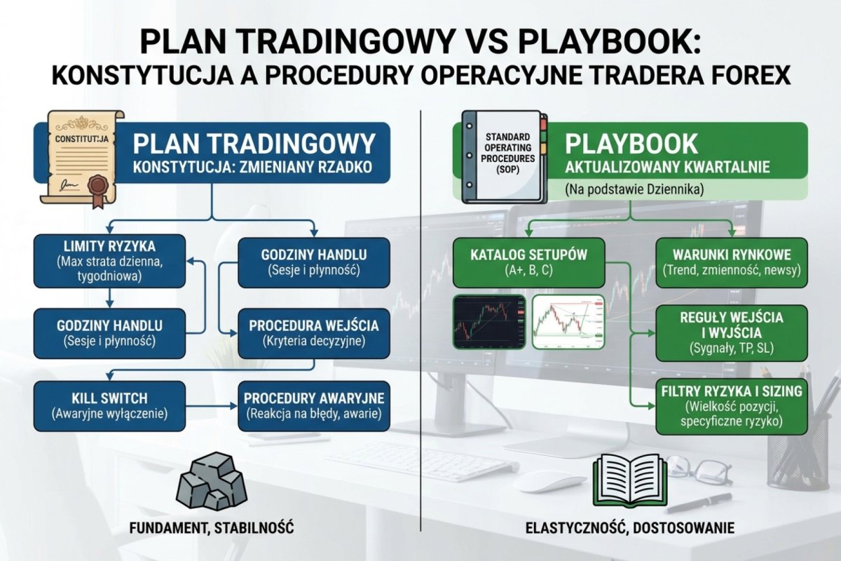 Porównanie plan tradingowy vs playbook — dwa odrębne dokumenty operacyjne tradera Forex. Plan po lewej jako konstytucja: limity ryzyka, godziny handlu, kill switch, procedura wejścia, procedury awaryjne, zmieniany rzadko. Playbook po prawej jako Standard Operating Procedures: katalog setupów A+/B/C z warunkami rynkowymi, regułami wejścia i wyjścia, filtrami ryzyka, sizingiem, aktualizowany kwartalnie z dziennika