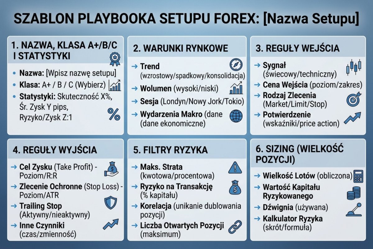 Karta setupu w playbooku Forex — trzynaście pól: ID i wersja, hipoteza, kontekst, warunki konieczne, trigger, unieważnienie, wejście i wyjście, sizing według modelu, koszty, zakazy, przykład poprawny, przypadek podobny lecz odrzucony, status dowodów. Schemat formatu zapisu, dane ilustracyjne