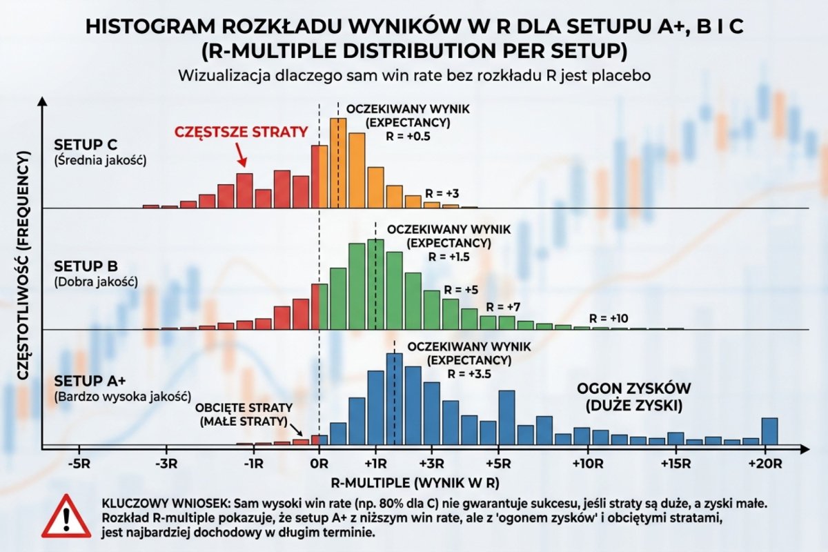 Histogram rozkładu wyników w R dla setupu A+, B i C — pionowa linia średniej, ogon zysków po prawej stronie przy obciętych stratach po lewej. Wizualizacja pokazuje, dlaczego sam win rate bez rozkładu R niczego nie rozstrzyga. Dane syntetyczne