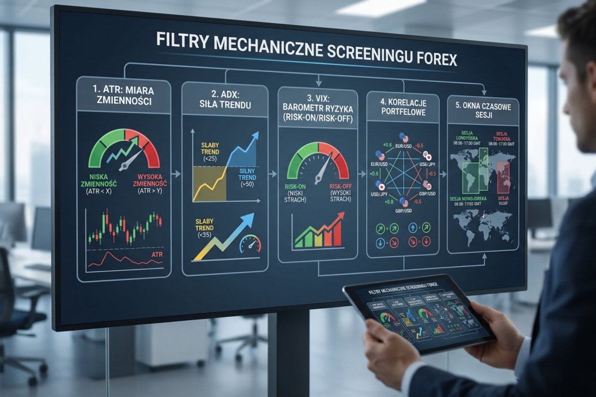 Filtry mechaniczne screeningu Forex — ATR jako miara zmienności, ADX jako miara siły trendu, VIX jako barometr risk-on/risk-off, korelacje portfelowe i okna czasowe sesji