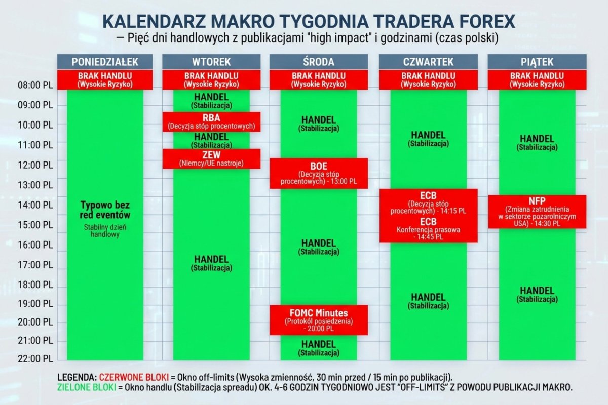 Filtr kalendarzowy w screeningu Forex — zamknięte okno wokół publikacji high impact: podokno 30 minut przed publikacją, podokno pierwszych 15 minut po niej z rozszerzonym spreadem oraz podokno 15-60 minut, w którym rynek dopiero ustawia kierunek. Wszystkie trzy leżą wewnątrz nadrzędnego okna plus minus dwie godziny z kryterium twardego 11, w którym nowych pozycji się nie otwiera. Schemat pokazuje też, że jedna publikacja blokuje wszystkie pary zawierające dotkniętą walutę, więc sprawdza się obie waluty pary, nie tylko tę z nazwy setupu