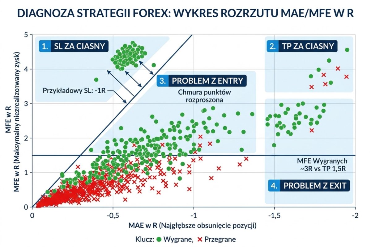 Wykres rozrzutu: na osi poziomej największe obsunięcie w trakcie pozycji wyrażone w R, na osi pionowej największy niezrealizowany zysk, także w R; jeden punkt to jedna zamknięta transakcja jednego setupu, kolor odróżnia wygrane od stratnych. Skupienie punktów wygranych blisko wartości stopa jest sygnałem, że próg zmienności w warstwie 2 jest za niski dla przyjętej odległości SL. Dane syntetyczne, ilustracja formatu, nie wynik historyczny
