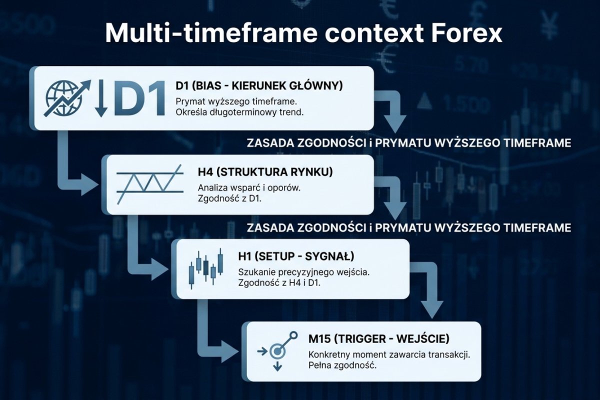 Multi-timeframe context Forex — hierarchia D1 dla bias, H4 dla struktury, H1 dla setupu, M15 dla triggera wejścia, z zasadą zgodności i prymatem wyższego timeframe