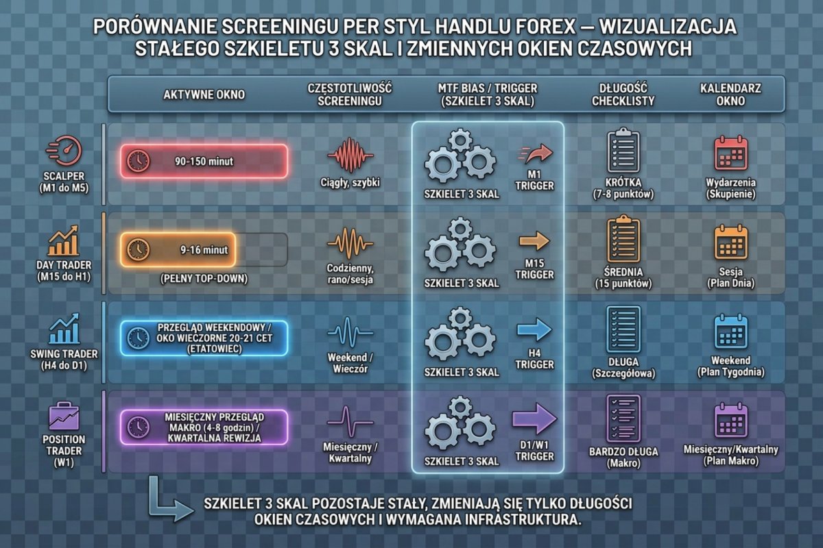 Zestawienie czterech stylów handlu — scalper, day trader, swing i position — w kilku wymiarach: aktywne okno w ciągu doby, częstotliwość skanu, timeframe użyty do bias i do triggera oraz okno kalendarzowe. We wszystkich czterech kolumnach powtarza się ten sam szkielet: makro, para, setup, potem checklista i zapis powodu pominięcia; zmieniają się długości okien i częstotliwość, nie kolejność kroków. Schemat porównawczy, bez danych z rachunku