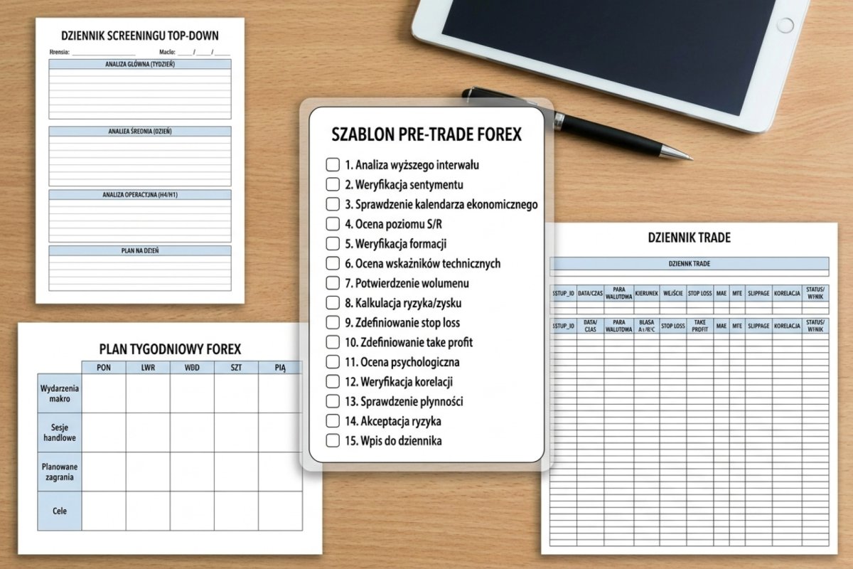 Szablony checklist screeningu Forex — karta laminowana z checklistą pre-trade w formacie kryterium, dowód dostępny teraz, twarde albo pomocnicze, wynik TAK NIE nieustalone, skutek, oraz formularz top-down screeningu z polem wersji zestawu filtrów i karta progów mechanicznych z pasmami ATR, ADX, VIX i korelacji