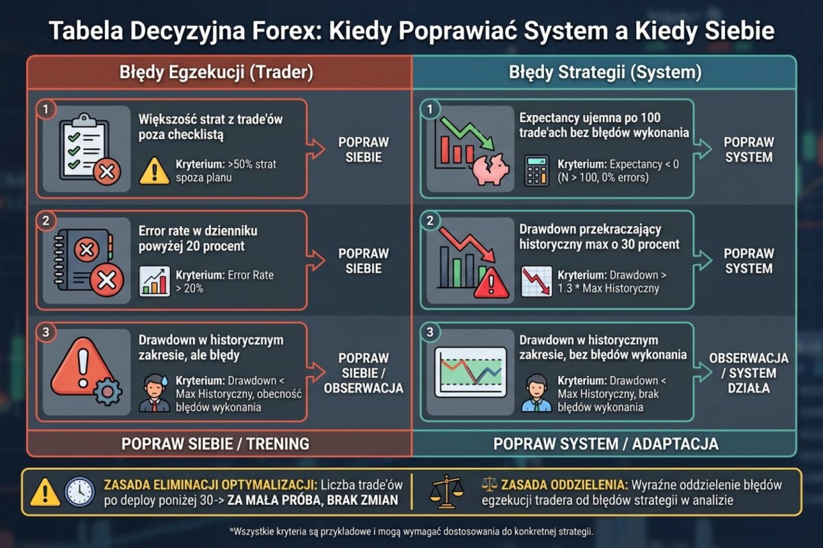 Tabela decyzyjna w formie rysunku: w wierszach sytuacje widoczne w dzienniku po stratnej serii, w kolumnach odpowiedź, czy poprawiać wykonanie, czy regułę. Rysunek porządkuje kolejność pytań — najpierw wiarygodność danych i wykonania, potem koszty, potem reżim rynku, a przewaga na samym końcu. Schemat poglądowy; progi liczbowe w komórkach są przykładowe i nie są normą