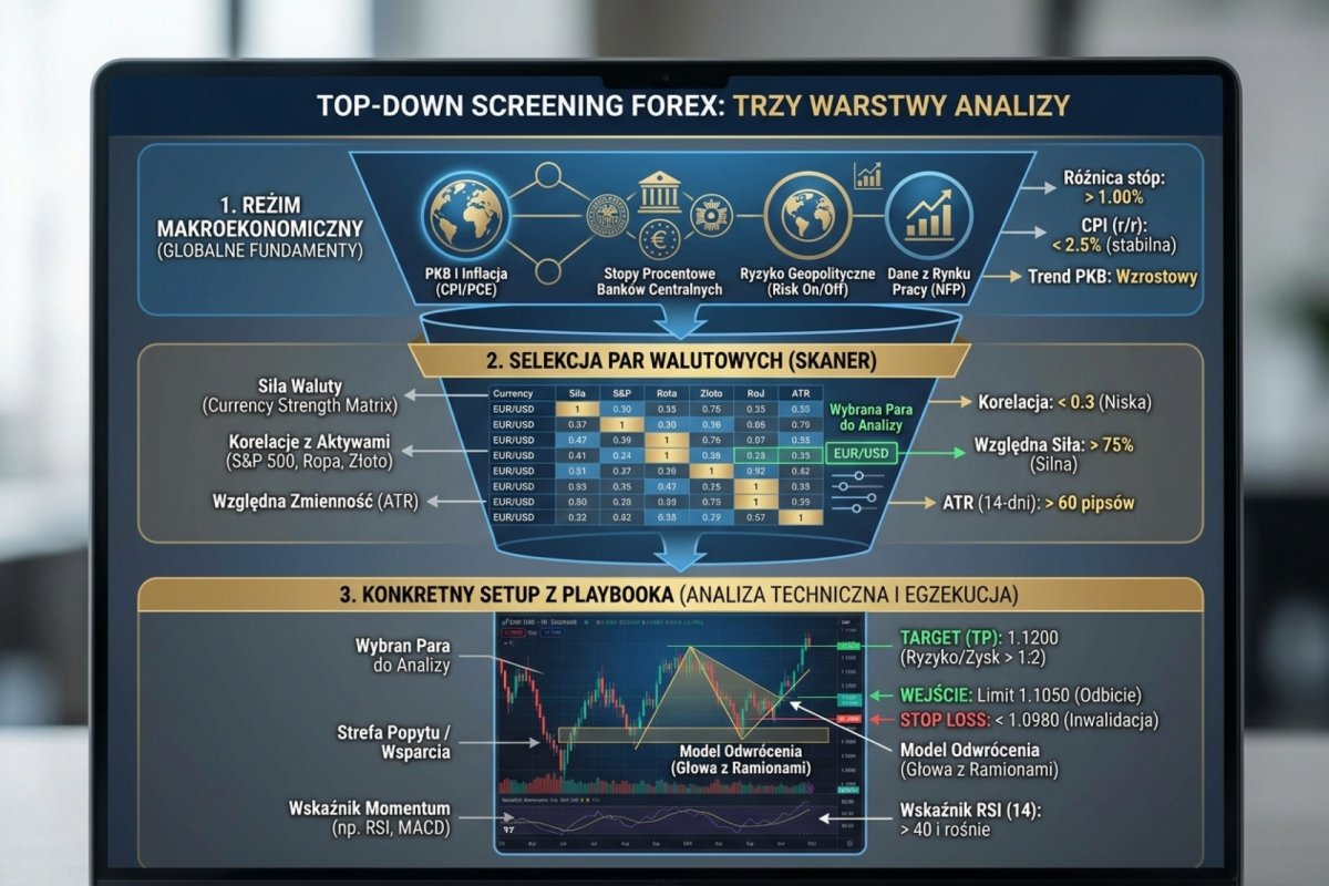 Top-down screening Forex w trzech warstwach — od reżimu makro przez selekcję par walutowych do konkretnego setupu z playbooka, z konkretnymi wskaźnikami i progami liczbowymi