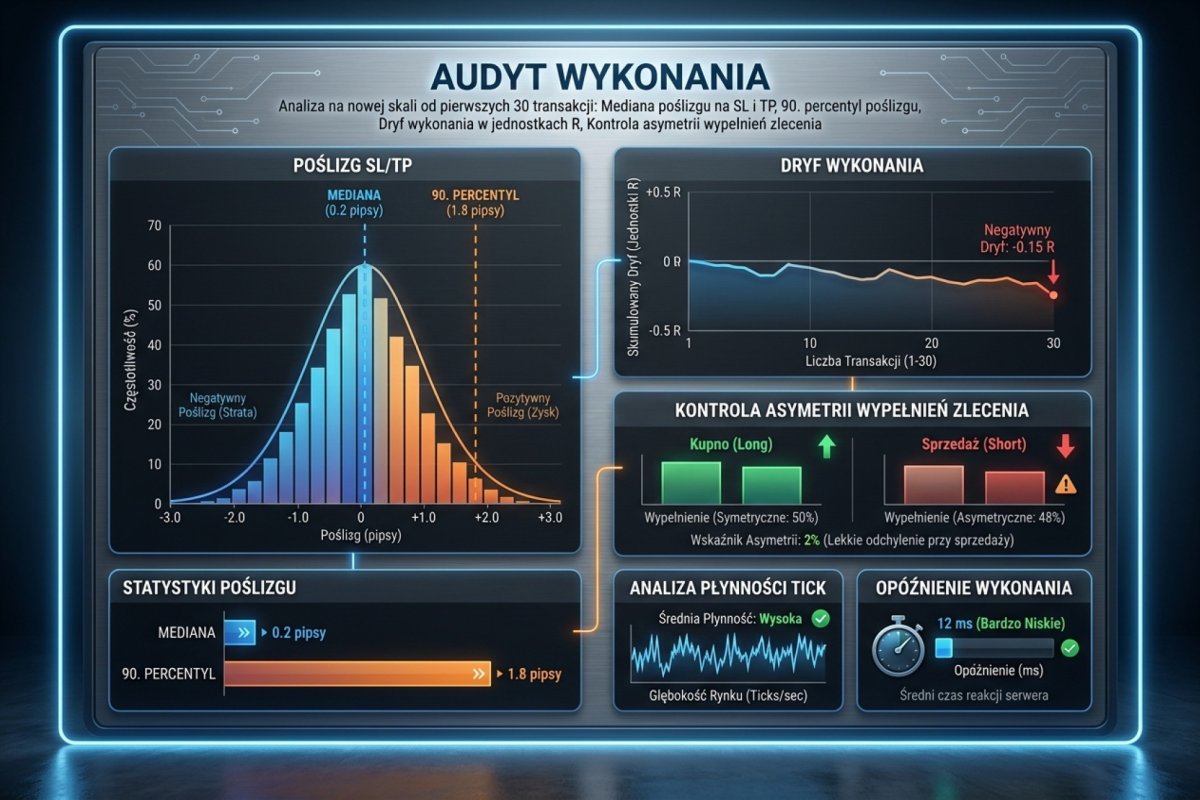 Audyt wykonania na nowej skali od pierwszych 30 transakcji: mediana poślizgu osobno na wejściu, na SL i na TP ze znakiem, 90. percentyl jako ogon rozkładu oraz dryf wykonania w R — te same trzy liczby policzone przed zmianą skali i po niej, na identycznych warunkach próbki