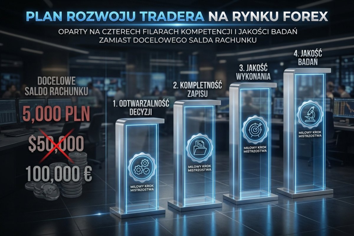 Cztery filary planu rozwoju tradera opartego na kompetencjach: odtwarzalność decyzji, kompletność zapisu, jakość wykonania oraz jakość badań, jako alternatywa dla arbitralnych celów salda rachunku