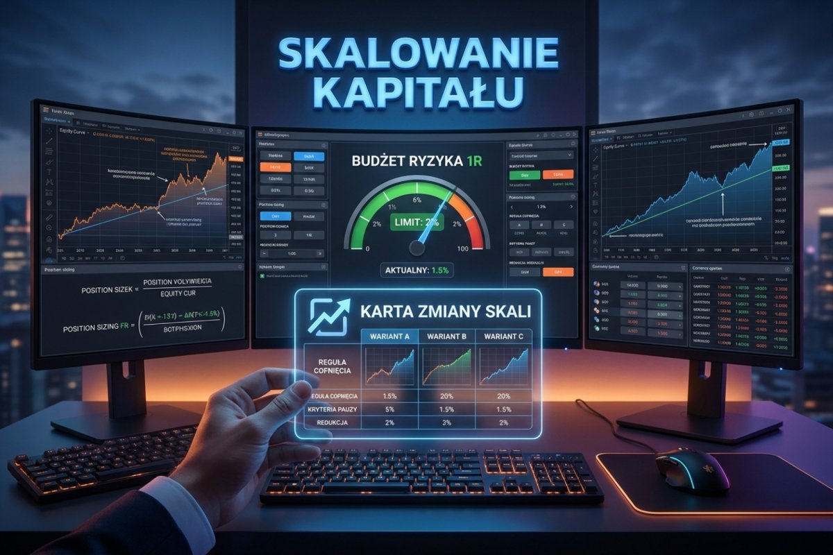 Skalowanie kapitału tradera Forex — karta zmiany skali z regułą cofnięcia, porównanie wariantów A, B i C oraz kryteria pauzy i redukcji