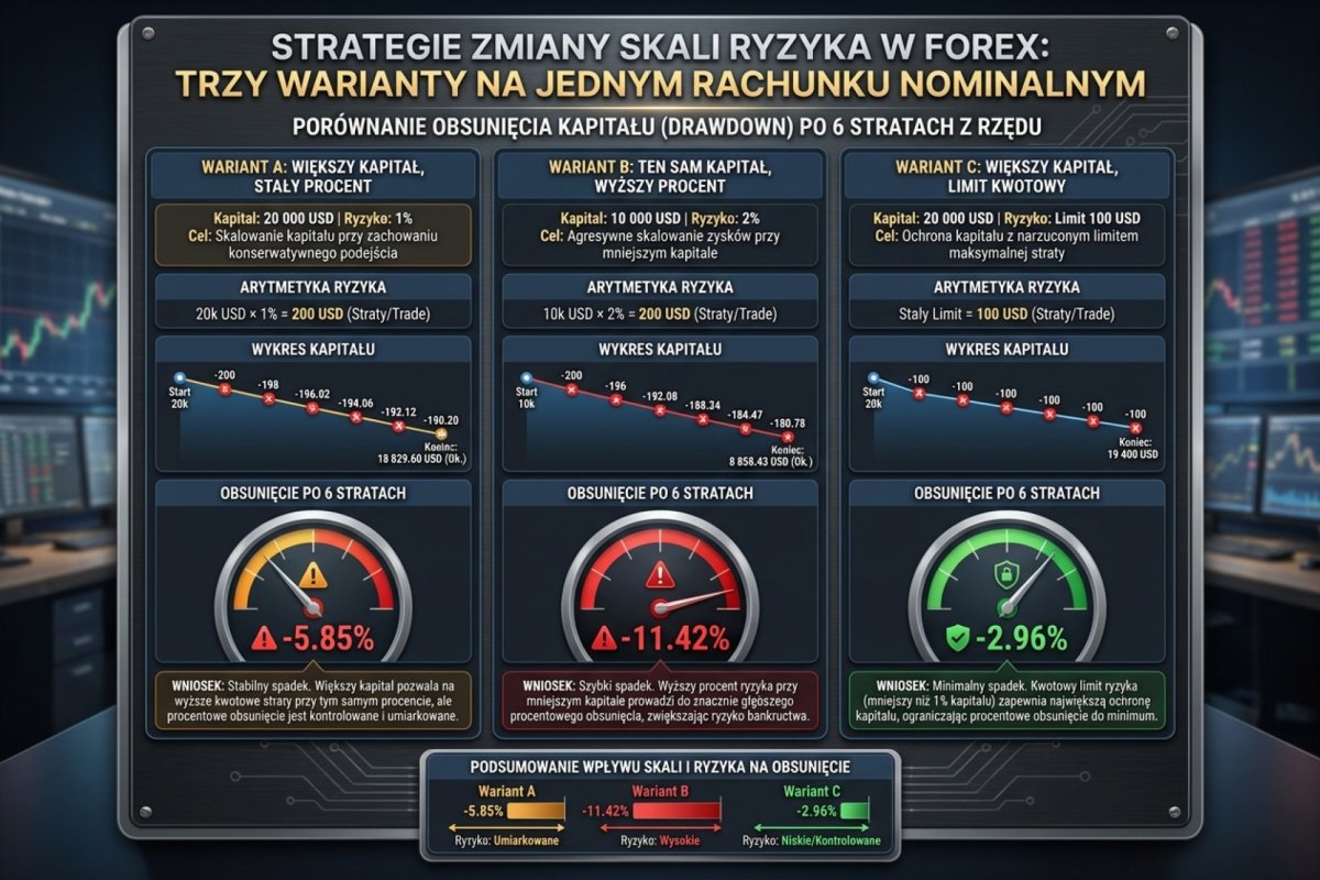 Trzy warianty zmiany skali w jednym rachunku nominalnym: A — większy kapitał przy tym samym procencie, B — ten sam kapitał przy wyższym procencie, C — większy kapitał z kwotowym limitem ryzyka. A i B mają identyczny nominał 1R i identyczny wolumen, więc ta sama seria strat kosztuje w B blisko dwa razy więcej w procentach kapitału; C jest jedynym wariantem, w którym wymagania wykonania się nie zmieniają