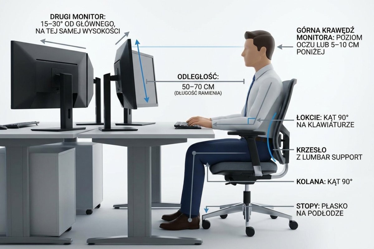 Schemat ergonomicznego stanowiska tradera widziany z boku — kąt wzroku, wysokość monitora, odległość od oczu i pochylenie ekranu. Górna krawędź monitora na poziomie oczu lub 5–10 cm poniżej, odległość 50–70 cm długość ramienia, pochylenie ekranu 5–15° w stronę użytkownika. Krzesło z lumbar support, kolana pod kątem 90°, stopy płasko na podłodze, łokcie pod kątem 90° na klawiaturze. Drugi monitor pod kątem 15–30° od głównego, na tej samej wysokości