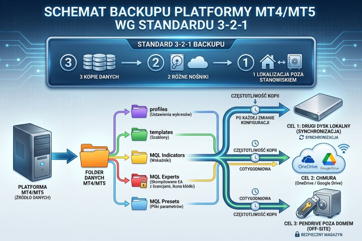 Schemat backupu platformy MT4/MT5 wg standardu 3-2-1 — trzy kopie, dwa nośniki, jedna lokalizacja poza stanowiskiem. Folder profiles, templates, MQL Indicators, MQL Experts skompilowane EA z licencjami, MQL Presets pliki parametrów. Synchronizacja na drugi dysk lokalny, do chmury OneDrive lub Google Drive oraz na pendrive trzymany poza domem. Częstotliwość kopii dla każdego folderu od cotygodniowej do po każdej zmianie konfiguracji