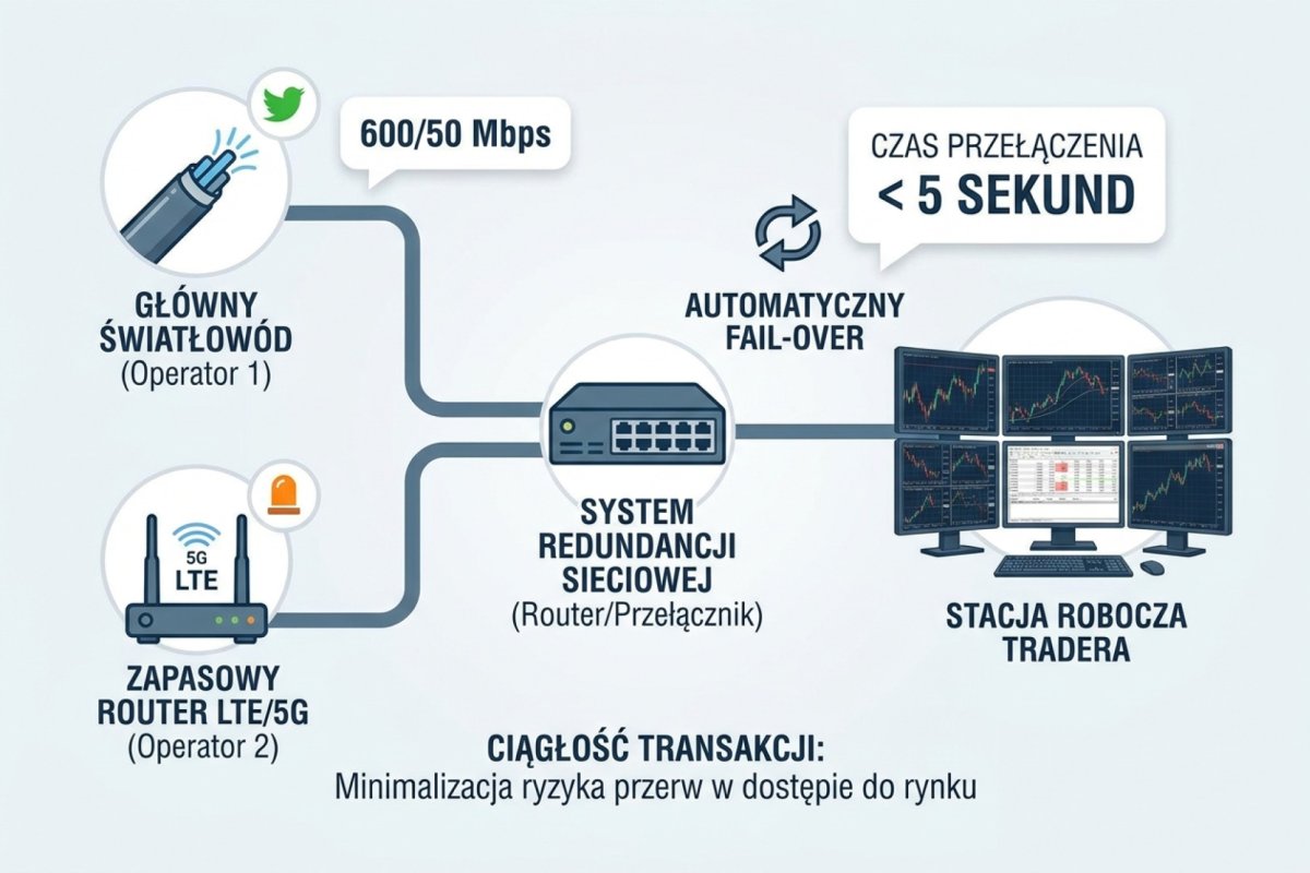 Schemat redundancji internetowej tradera — główny światłowód 600/50 Mbps + zapasowy router LTE/5G z drugiego operatora, automatyczne przełączenie na łącze zapasowe z ponownym logowaniem terminala, czas mierzony w drillu