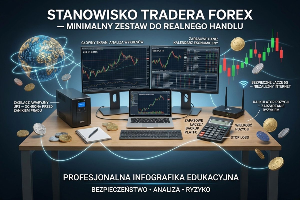 Stanowisko tradera Forex — biurko z dwoma monitorami, laptopem zapasowym, UPS-em i routerem 5G, czyli minimalny zestaw funkcji potrzebnych do realnego handlu