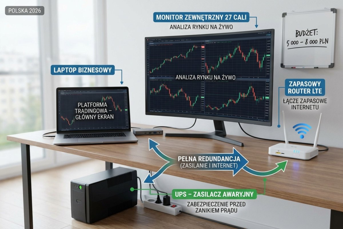 Realistyczne stanowisko tradera Forex w Polsce 2026 — laptop biznesowy + zewnętrzny monitor 27 cali + UPS + zapasowy router LTE, czyli pełna redundancja w budżecie ok. 4 500 PLN, z rozszerzeniem do ok. 9 500 PLN