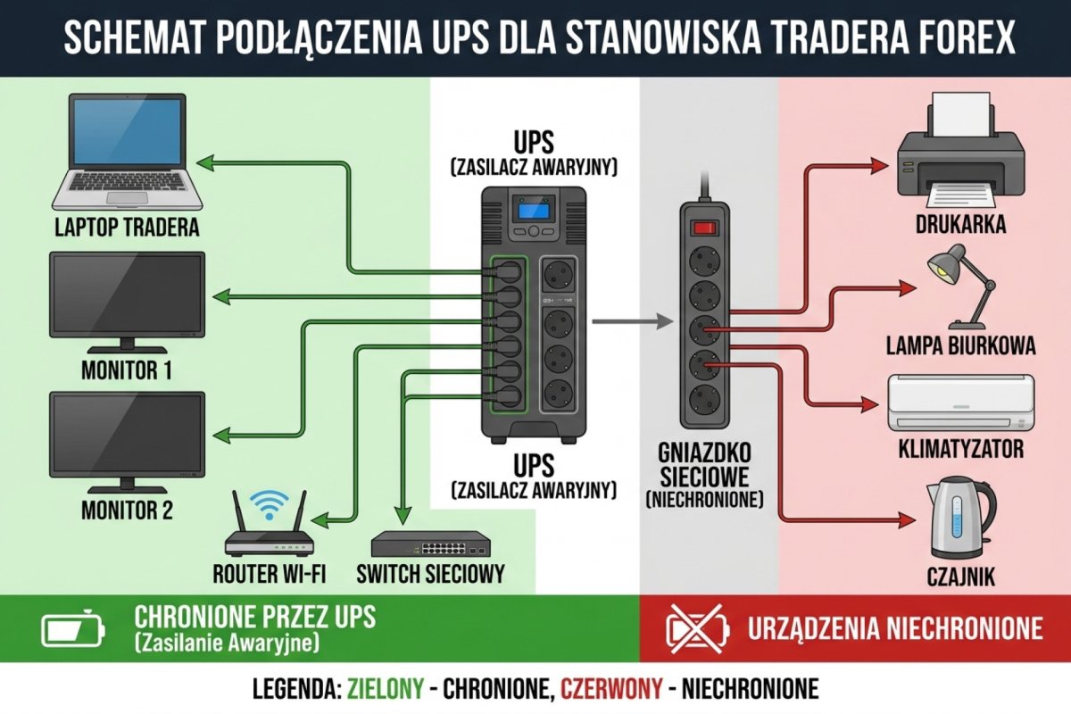 Schemat podłączenia UPS dla stanowiska tradera — laptop, dwa monitory, router, switch sieciowy. Drukarka, lampa, klimatyzator i czajnik na osobnym gniazdku poza UPS-em.