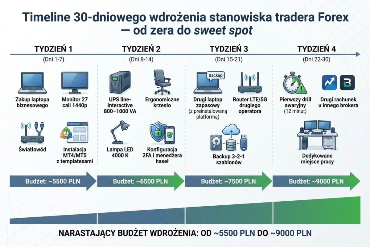 Timeline 30-dniowego wdrożenia stanowiska tradera Forex — od zera do sweet spot. Tydzień 1: zakup laptopa biznesowego, monitora 27 cali 1440p i światłowodu, instalacja MT4/MT5 z templatesami. Tydzień 2: UPS line-interactive 800–1000 VA, ergonomiczne krzesło, lampa LED skierowana na obszar pracy, konfiguracja 2FA i menedżera haseł. Tydzień 3: drugi laptop zapasowy z preinstalowaną platformą, router LTE/5G drugiego operatora, backup 3-2-1 szablonów. Tydzień 4: pierwszy drill awaryjny bez rynku, procedura odtworzenia z kopii, drugi rachunek u innego wykonawcy, dedykowane miejsce pracy. Budżet narastający od ok. 4 500 PLN do ok. 9 500 PLN