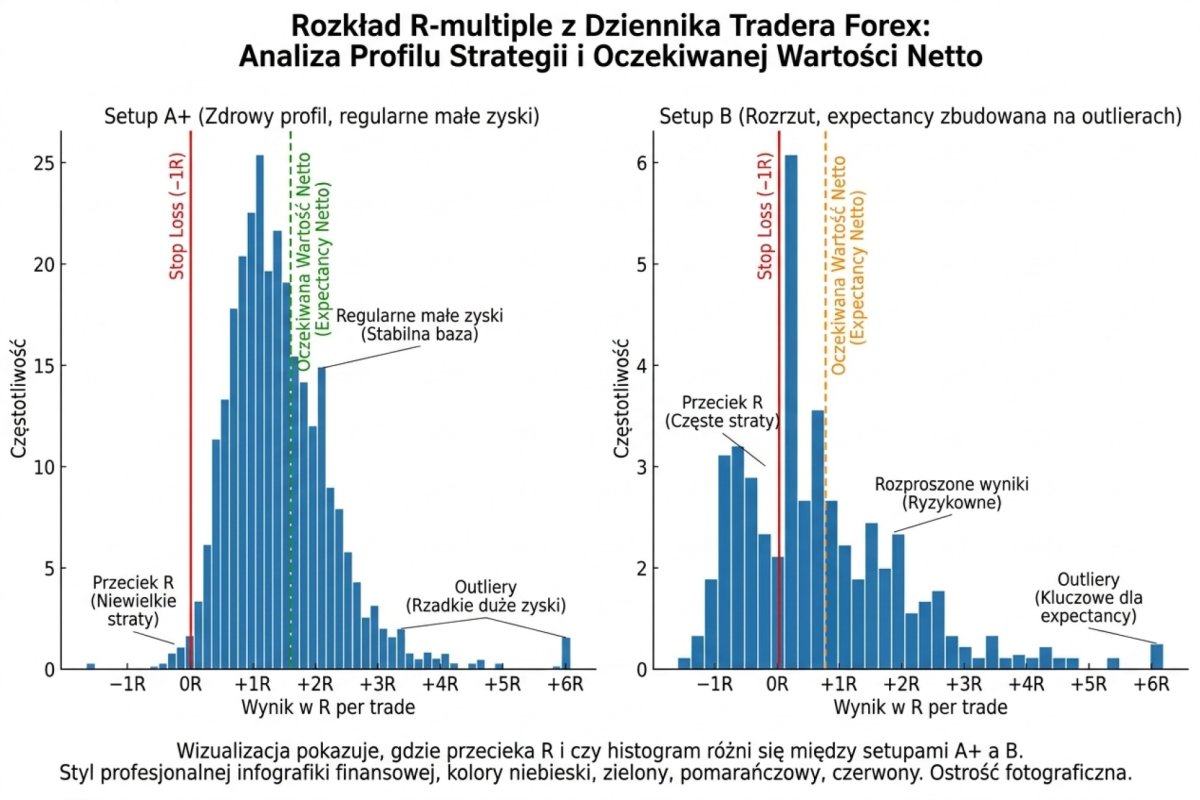 Histogram rozkładu wyników w R z jednego tygodnia: na osi poziomej wynik pojedynczej transakcji w wielokrotnościach ryzyka planowanego przed wejściem (R), na osi pionowej liczba transakcji w danym przedziale. Słupki na lewo od zera to straty, na prawo zyski, pionowa linia oznacza średnią R tygodnia. Straty skupiają się w okolicy −1R, bo tam stały zlecenia stop, ale luka cenowa i poślizg dają też pojedyncze wyniki poniżej −1R. Dane syntetyczne, ilustracja formatu zapisu, nie wynik historyczny