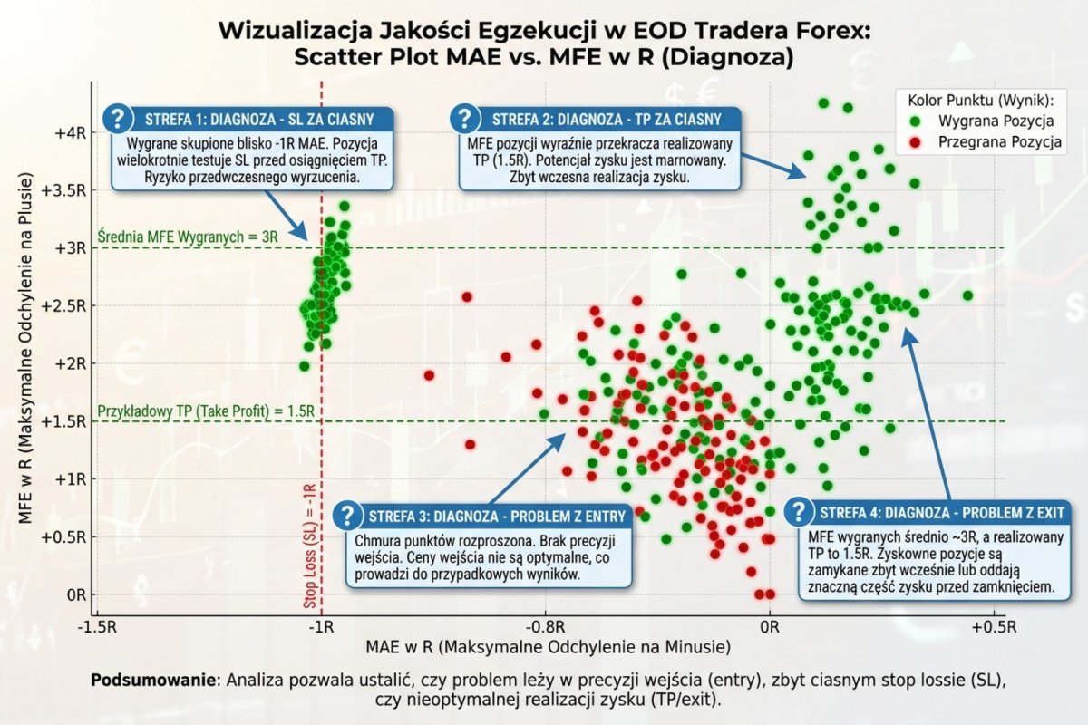 Wykres rozrzutu z tego samego tygodnia: na osi poziomej największe odchylenie niekorzystne w trakcie transakcji wyrażone w R, na osi pionowej największe odchylenie korzystne, także w R. Jeden punkt to jedna zamknięta transakcja, kolor oznacza wynik dodatni albo ujemny. Dane syntetyczne, ilustracja formatu zapisu, nie wynik historyczny