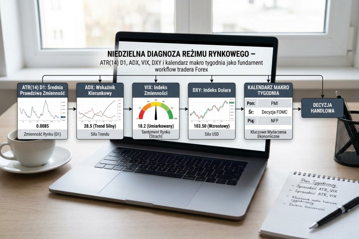 Niedzielna diagnoza reżimu rynkowego — ATR(14) D1, ADX, VIX, DXY i kalendarz makro tygodnia jako fundament workflow tradera Forex