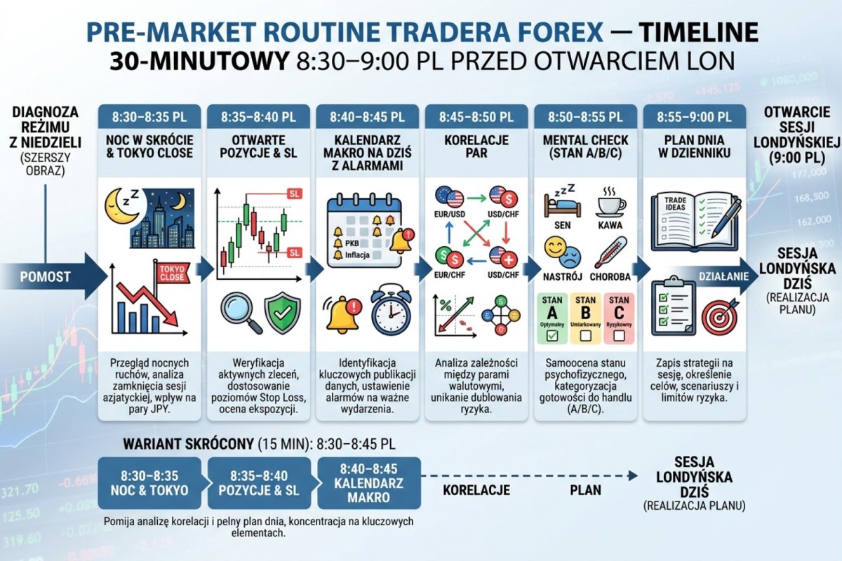 Pre-market routine tradera Forex — timeline 30-minutowy 8:30–9:00 PL przed otwarciem LON. Sześć bloków minutowych: przebieg nocy i zakres azjatycki uformowany do tej pory, otwarte pozycje i SL, kalendarz makro na dziś z alarmami, korelacje par, mental check (sen, kawa, nastrój, choroba) ze stanami A/B/C, plan dnia w dzienniku. Wariant skrócony 15 min pomija korelacje i pełny plan. Wizualizacja pokazuje, dlaczego pre-market jest pomostem między diagnozą reżimu z niedzieli a sesją dziś