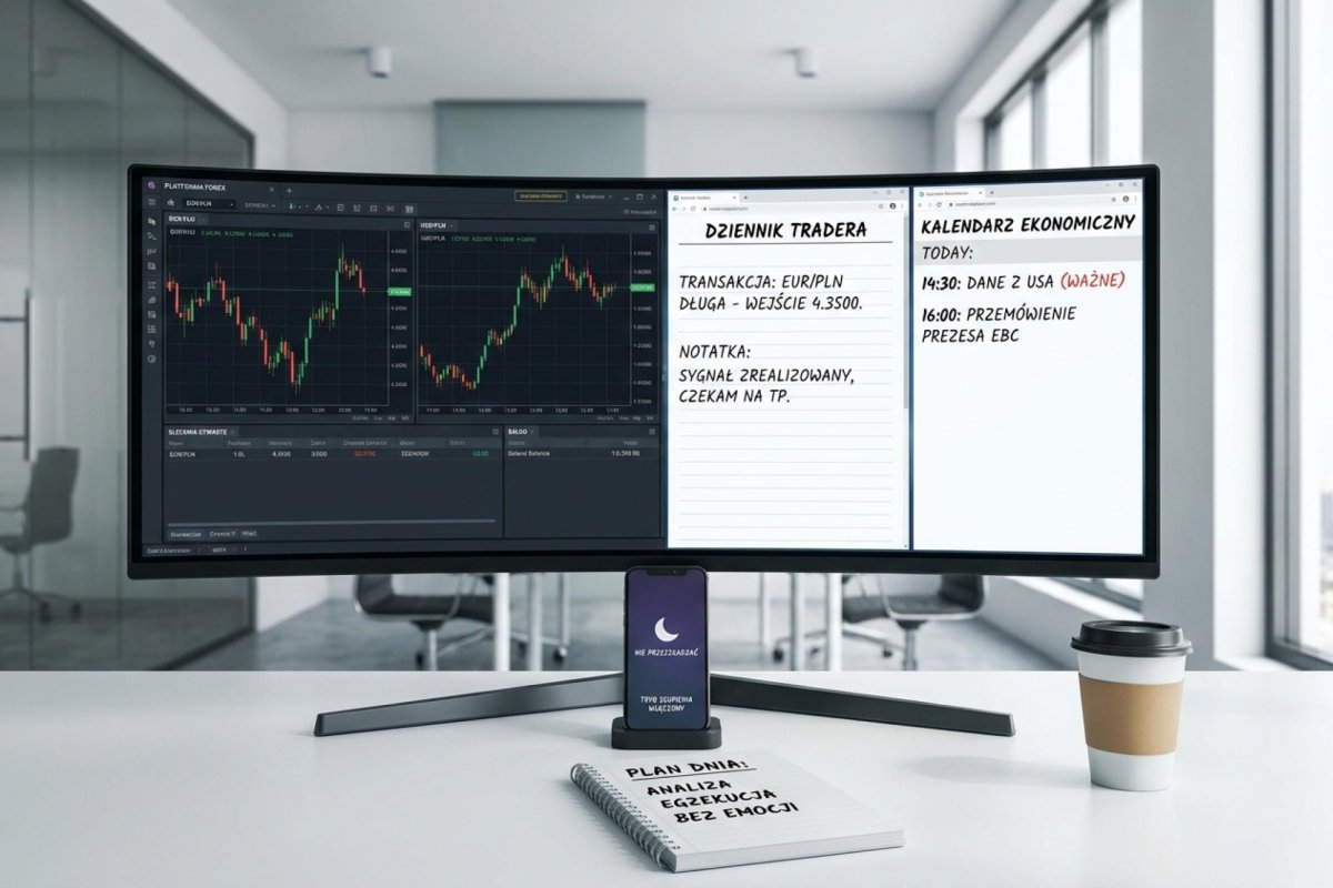 Sesja tradera Forex — okno egzekucji bez rozproszeń, czysty ekran z platformą, dziennikiem i kalendarzem, telefon w trybie nie przeszkadzać