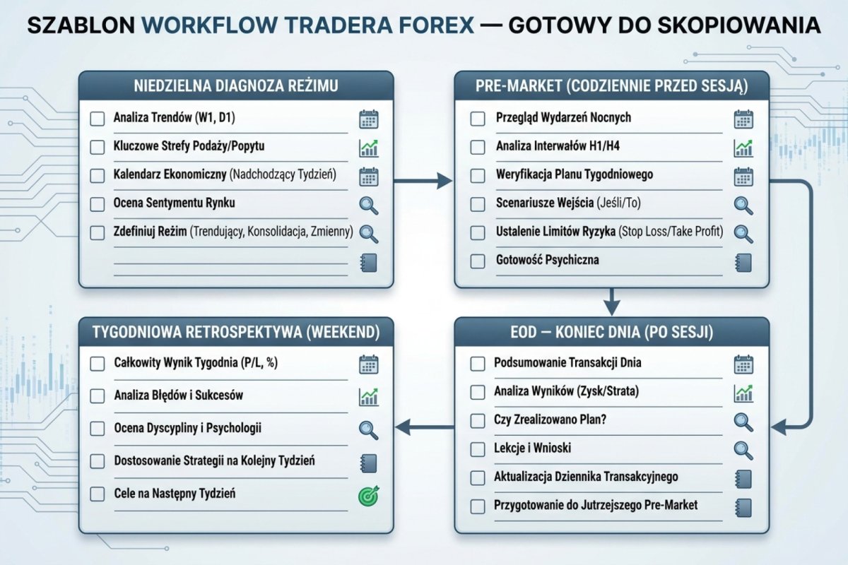 Szablon workflow tradera Forex do skopiowania — niedzielna diagnoza reżimu, pre-market, EOD i tygodniowa retrospektywa jako gotowe formularze