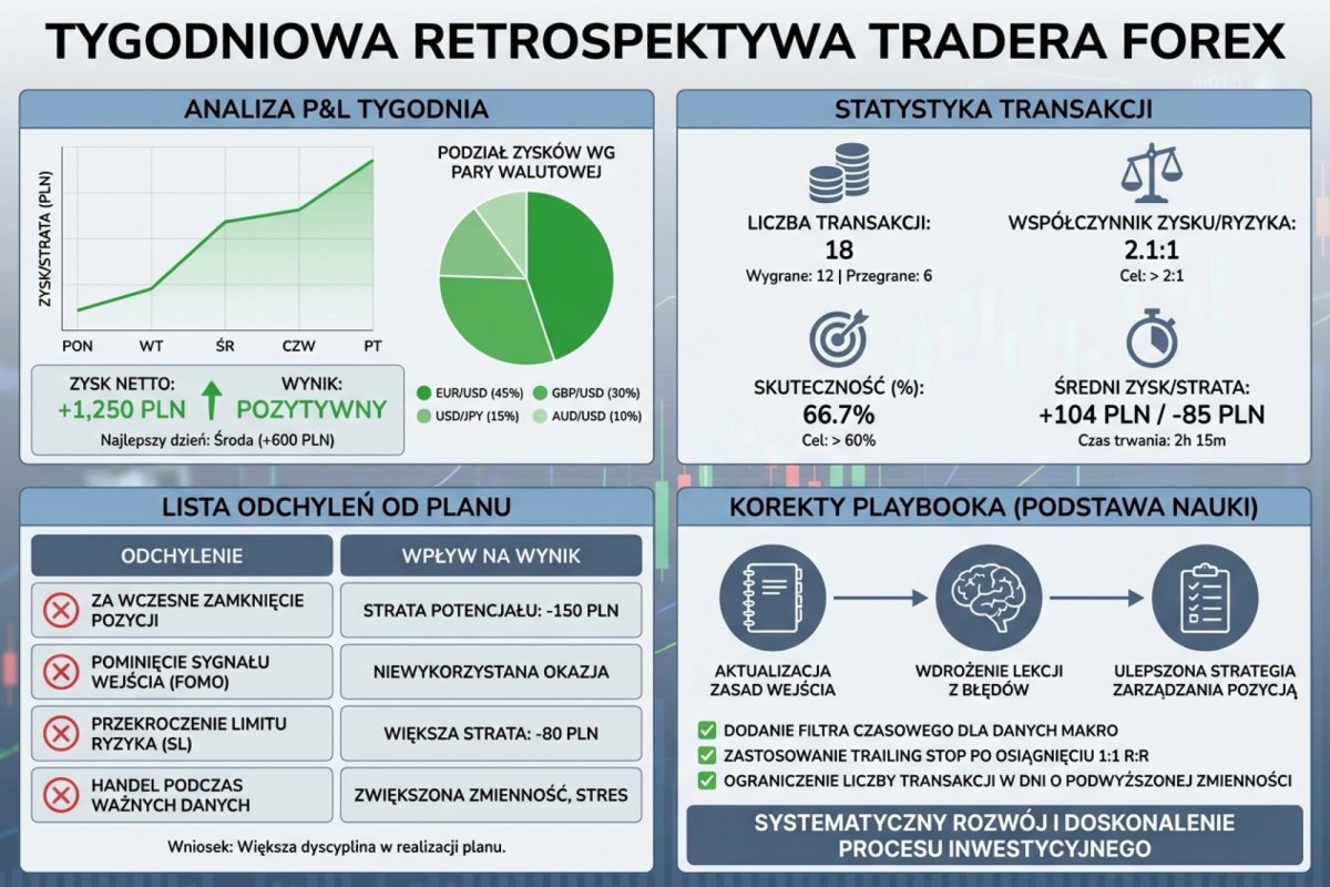 Tygodniowa retrospektywa tradera Forex — analiza P&L tygodnia, statystyka transakcji, lista odchyleń od planu oraz sygnały do playbooka jako materiał do decyzji kwartalnej
