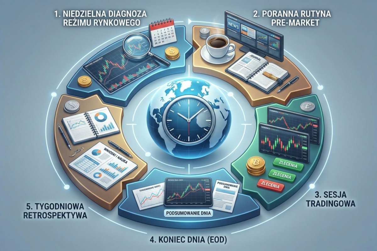 Workflow tradera Forex — niedzielna diagnoza reżimu rynkowego, poranna rutyna pre-market, sesja, EOD i tygodniowa retrospektywa